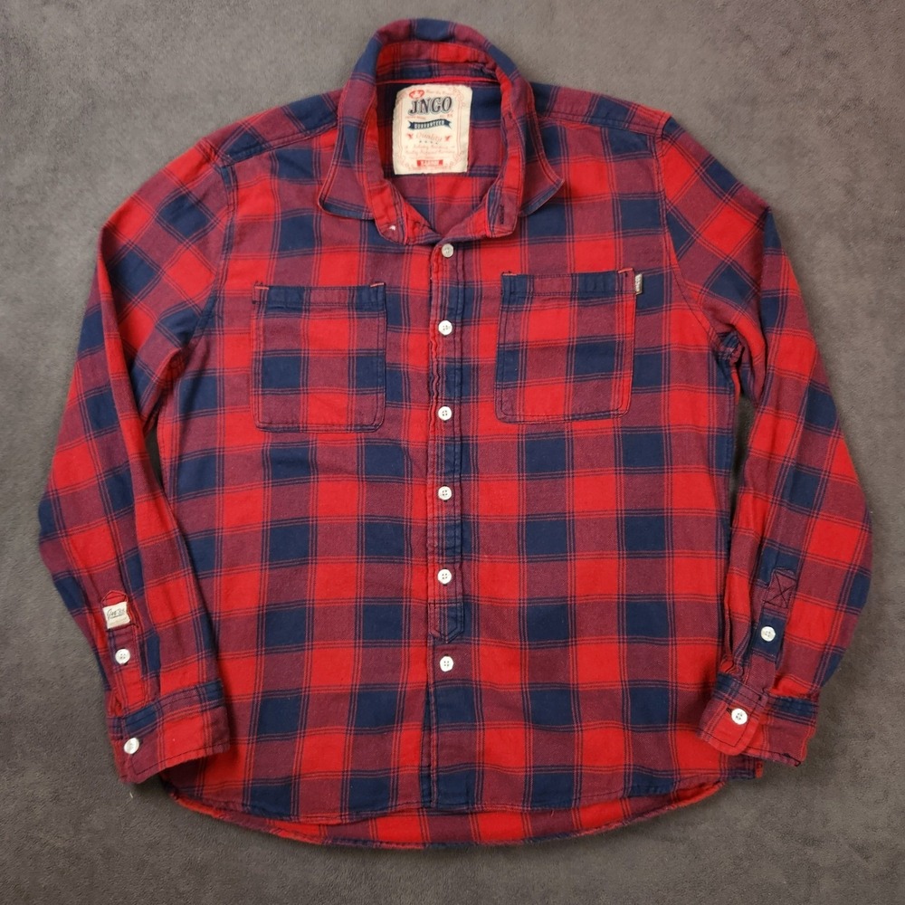 JNCO Shirt Mens Medium Red Blue Plaid Flannel Long Sleeve Button Up‎ Y2k Skater